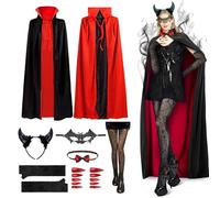 Vampire Costumes for Women, Vampire Cape, Devil Costume Women, Halloween Costumes with Vampire Cloak, Devil Horn Headdress, Fishnet Stockings, Lace Eye Mask and Gloves, Carnival Party Fancy Dress