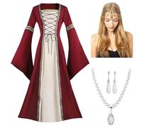 Vampire Dress for Women Halloween Cold Shoulder Long Sleeve Lace-Up Velvet Elastic Waist Lolita Medieval Wedding Midi A-Line Dresses Gothic Ladies Cosplay Renaissance Dress, Red, XXL