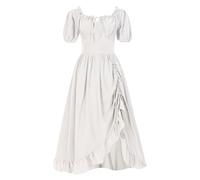 Vampire Dress for Women Halloween Medieval Peasant Short Sleeve Vintage Victorian High Low Gothic Punk Fairy Witch Midi Wedding Ladies Dresses Steampunk Renaissance Dress, White, M