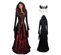 Vampire Dress with Hood - 57.48 Inch Gothic Cape Costume, Flared Long Sleeve Stage Outfit, Durable Polyester Fabric, Dramatic Halloween Performance Robe for Cosplay, Theatre, Party, Vam