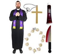 VAMPIRE HUNTER HALLOWEEN FANCY DRESS COSTUME SET S-XXL HOLY RELIGIOUS MAN DEMON CATCHER DEMON HUNTER COSTUME + GARLIC GARLAND + GOLD CROSS + BLOODY KNIFE + BLOOD (XLARGE 46-48 INCH CHEST)
