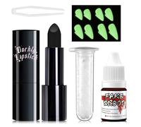 Vampire Makeup Kit, Vampire Make Up, 4 Pairs Fluorescent Halloween Fangs Teeth+15ml Fake Blood Spray+5g Dental Glue for Teeth With Tweezers+Lipstick Halloween for DIY Figures, Vampire Role Play