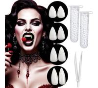 Vampire Teeth 4 Pairs Realistic Fangs Glow In Dark Horror Fake Fangs with Super Strong Tube Adhesive for Halloween Costume Party Favors Cosplay Masquerade Accessories Gift