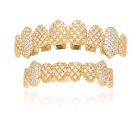 Vampire Teeth Grillz Set for Halloween with Copper CZ Bling Grillz Diamond Grills for Your Teeth for Men Women 18K Gold Plated Iced Out Macro Zirconia with Extra Molding Bars Included (Gold)
