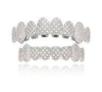 Vampire Teeth Grillz Set for Halloween with Copper CZ Bling Grillz Diamond Grills for Your Teeth for Men Women 18K Gold Plated Iced Out Macro Zirconia with Extra Molding Bars Included