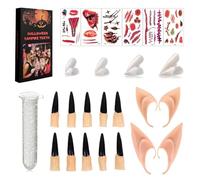 Vampire Teeth Halloween Set, 8 Vampire Teeth with 1 Tube of Dental Pellet Glue, 6 Halloween Tattoos, 4 Elf Ears & 10 Claws, Children Adults Werewolf Halloween Make-Up Accessories for Horror Party