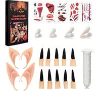 Vampire Teeth Set, Vampire Cosplay, con 4 Sizes Vampire Fangs, 2 Pairs Elf Ears and Halloween Nails, Temporary Tattoos, Full Set Vampire Costume, for Women and Men Cosplay Costume Party Accessory