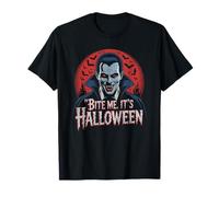 Vampire with Red Eyes and Bats Saying Bite Me It's Halloween T-Shirt