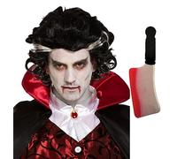 Vampires Wig Men Two Tone Black wig with White Streaks Blooded Cleaver Halloween Spooky Scary Fancy Dress Set
