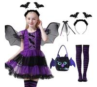 Vampirina Princess Girls Vampira Halloween Tutu Dress Costume with Bat Wings, Headband, Candy Bag, Magic Wand - Fancy Dress Up Party Cosplay (7-9 years)
