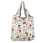 VAMSII Pugs Lover Gift Coquette Pug Dog Botanical Folding Reusable Grocery Bag Pug Mom Shopping Bag Dog Owner Gift, Pug Dog S