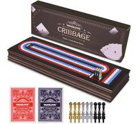 VAMSLOVE - 16 inch wooden cribbage board game, 3 track marker with large slots to store 2 cards and 9 metal pegs, family trip game night (instructions