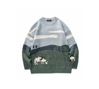 Vamtac Mens Grassland Cow Vintage Oversize Knitted Sweater Long Sleeve Round Neck Knitted Pullover Jumper