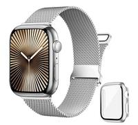 Vamyzji Compatible with Silver Apple Watch Strap and Case Series 11 Series 10 46mm Protective Case with Screen Protector, Adjustable Magnetic Milanese Mesh Metal Strap for 46mm Apple Watch Serie 1110
