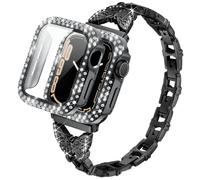 Vamyzji Metal Strap Compatible with Apple Watch Straps 44mm + Bling Diamond Crystal Protective Case with Screen Protector, Adjustable Butterfly Bracelet for Apple Watch Series 6 5 4 SE(Black)