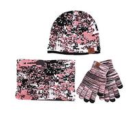 Van Caro Winter Knit Camouflage Beanie Hat Neck Warmer Scarf and Touch Screen Gloves Set 3Pcs Warm Set for Men Women, Black-pink, One Size
