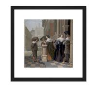 Van Delen Conversation Outside Castle Painting 8X8 Inch Square Wooden Framed Wall Art Print Picture with Mount Artery8 Black One Size