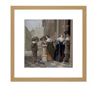 Van Delen Conversation Outside Castle Painting 8X8 Inch Square Wooden Framed Wall Art Print Picture with Mount Artery8 Light Oak One Size