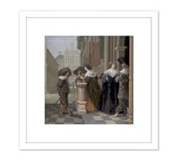 Van Delen Conversation Outside Castle Painting 8X8 Inch Square Wooden Framed Wall Art Print Picture with Mount Artery8 White One Size