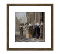 Van Delen Conversation Outside Castle Painting 8X8 Inch Square Wooden Framed Wall Art Print Picture with Mount Artery8 Brown One Size