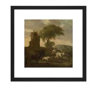Van Der Does Italian Landscape Shepherdess Flocks 8X8 Inch Square Wooden Framed Wall Art Print Picture with Mount Artery8 Black One Size