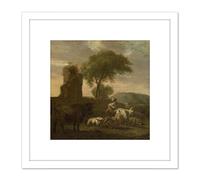 Van Der Does Italian Landscape Shepherdess Flocks 8X8 Inch Square Wooden Framed Wall Art Print Picture with Mount Artery8 White One Size