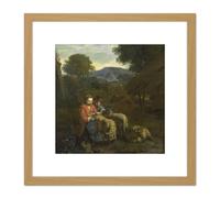 Van Der Does Shepherdess Reading Child Sheep 8X8 Inch Square Wooden Framed Wall Art Print Picture with Mount Artery8 Light Oak One Size
