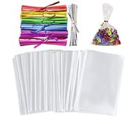 Van Der Linn Pack of 100 Cello Treat Bags with Metallic Twist Ties, 6 x 8 Inch Cellophane Sweet Bags for Gift, Party Favour, Candies, Chocolates, Wax Melts (Metallic Green)