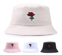 Van Der Linn Unisex Cotton Bucket Hat, Rose Embroidered Short Brim Fishermen Sun Hat Men Women (White)