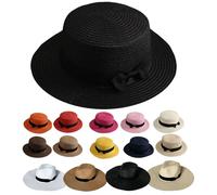 Van Der Linn Unisex Women Summer Beach Straw Sun Top Hats Foldable Bowknot Fedora Hat (Black)