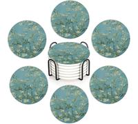 Van Gogh Almond Blossoms Drink Coasters with Holder,Ceramic Coasters for Tables, Cork Backed Drink Mats for Coffee/Wine,Kitchen & Office Accessories