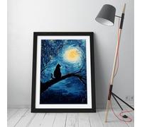 Van Gogh cat silhouette on a branch Stunning Framed Wall Art Print Picture - A4 - Black Frame