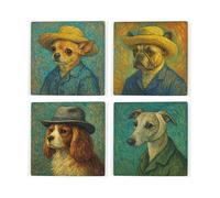 Van Gogh Dogs Ceramic Coaster Set - Dogs in Hats Portrait Gifts - Square Drinks Coasters 4 Pack