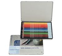 Van Gogh Pencils - Watercolour Starter Set - 12 Colours - Water-Soluble - Lightfast Pigments - Eco-Friendly Cedar Wood Barrels - Ideal for Artists - Metal Tin Packaging