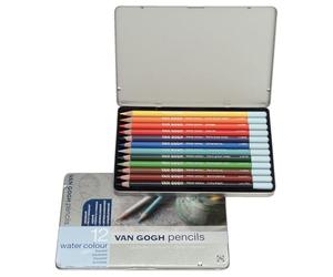 Van Gogh Pencils - Watercolour Starter Set - 12 Colours - Water-Soluble - Lightfast Pigments - Eco-Friendly Cedar Wood Barrels - Ideal for Artists - Metal Tin Packaging