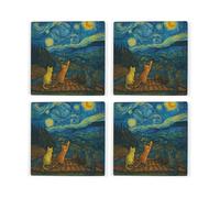 Van Gogh Starry Night Cats Ceramic Coaster Set - Tableware Gifts for Cat Lovers - Square Drinks Coasters 4 Pack