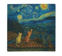 Van Gogh Starry Night Cats Large Square Glass Worktop Protector - Artwork Inspired Gift Kitchen Smooth Chopping Board Worktop Saver with Non-Slip Feet 30cm x 30cm (12" x 12")