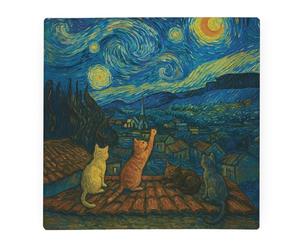 Van Gogh Starry Night Cats Large Square Glass Worktop Protector - Artwork Inspired Gift Kitchen Smooth Chopping Board Worktop Saver with Non-Slip Feet 30cm x 30cm (12" x 12")