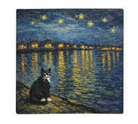 Van Gogh Starry Night Tuxedo Cat Glass Worktop Protector - Large Square Kitchen Chopping Board Housewarming Gift 30cm x 30cm (12" x 12")