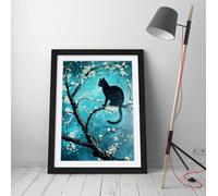 Van Gogh style cat in almond tree Stunning Framed Wall Art Print Picture - A2 - Black Frame