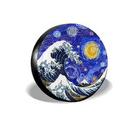 Van Gogh'S Starry Sky Hokusai Great Wave Wheel Tire Cover Premium Spare Tire Cover Waterproof Car Wheel Accessories Universal For Rv Suv Trailer 14Inch