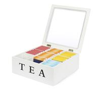 Van Henry Wooden Tea Box with 9 Compartments Tea Caddy - Tea Bag Storage Organiser Box White - 21.5 x 21.5 x 8.5 cm