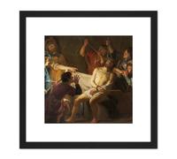 Van Honthorst Christ Crowned With Thorns Painting 8X8 Inch Square Wooden Framed Wall Art Print Picture with Mount Artery8 Black One Size