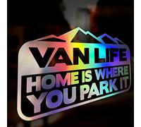 Van Life Home is Where You Park It Sticker, Vinyl Decal, Oil Slick Reflective Chrome Holographic Iridescent Sticker for Window Bumper, Campervan, Motorhome Caravan, 200mm