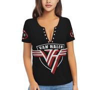 Van Rock Band Halen-Women V Neck Short Sleeve T-Shirts Casual Loose Basic Summer T-Shirt Basic with Stainless Steel Grommets Basic tee Tops for Office, Travel，Medium