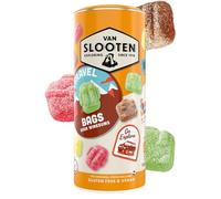 Van Slooten Travel Bag Sour Coated Fruit Wine Gums (340g Tube) - Delicious Fruity Wine Gum Gummy Sweets In A Gift Box Tube - 3 Fun Backpack Gummy Shapes, 4 Tasty Flavours - Vegan & Gluten Free Sweets