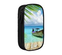 VANANI Seaside Boat Coconut Leaves Large Capacity Pencil Case, Multifunctional Pencil Case, Zipper Portable Pencil Case, Student Office Supplies.