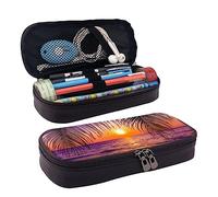 VANANI Tropical Palm Trees Twilight Scenery Waterproof Leather Pencil Case, Multifunctional Pencil Case, Pencil Case for Teenagers, with Zipper Suitable for Schools and Offices.