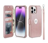 VANAVAGY Compatible for iPhone 14 Pro Max Wallet Case, 12ft Drop Protection, RFID Blocking PU Leather Flip Cover, Card Holder & Kickstand, Shockproof Phone Case for 14 Pro Max-6.7 Inch,Rose Gold