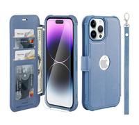 VANAVAGY Compatible for iPhone 14 Pro Max Wallet Case, 12ft Drop Protection, RFID Blocking PU Leather Flip Cover, Card Holder & Kickstand, Shockproof Phone Case for 14 Pro Max-6.7 Inch,Blue